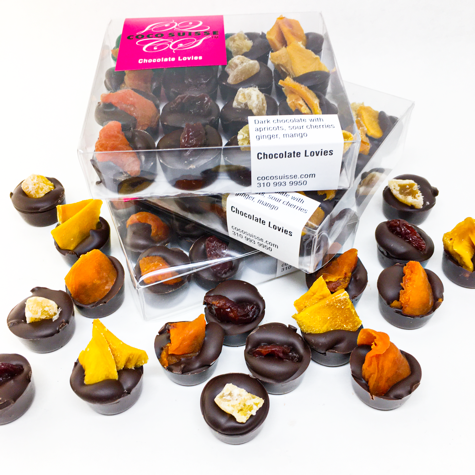 Coco Suisse Chocolate Lovies are made with dark Swiss chocolate and are topped with sour cherry, apricot, ginger, and mango. Share the Lovie!