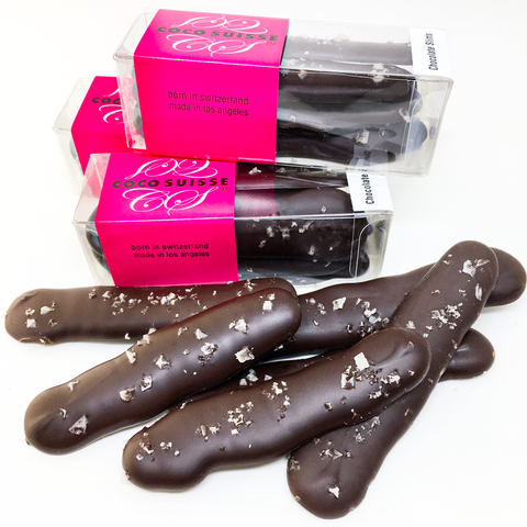 Coco Suisse Chocolate Slims are delicate 62% dark Swiss chocolate sticks with a sprinkle of Murray’s Australian River Salt. Elegant and playful to eat.